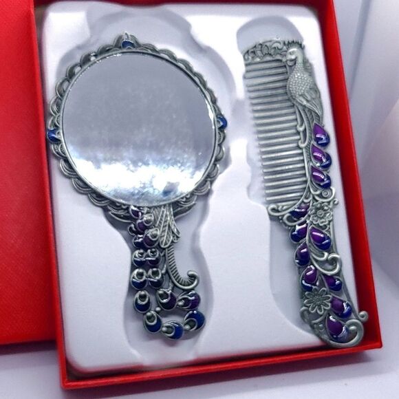 Vintage Peacock Mirror Comb Gift Set Antiqued Rhinestone Regency Vanity Boxed main image 5